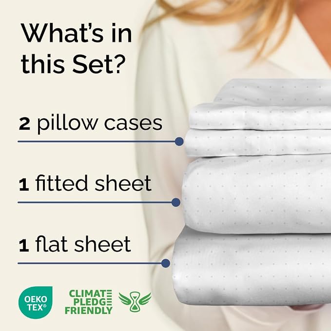 Queen 4 Piece Striped Sheet Set - Breathable & Cooling - Light Blue Dots | 1 Flat, 1 Fitted & 2 Pillowcases w/ Deep Pockets, Luxury Striped Bedding, Soft, Breathable & Cooling, Wrinkle & Fade Free