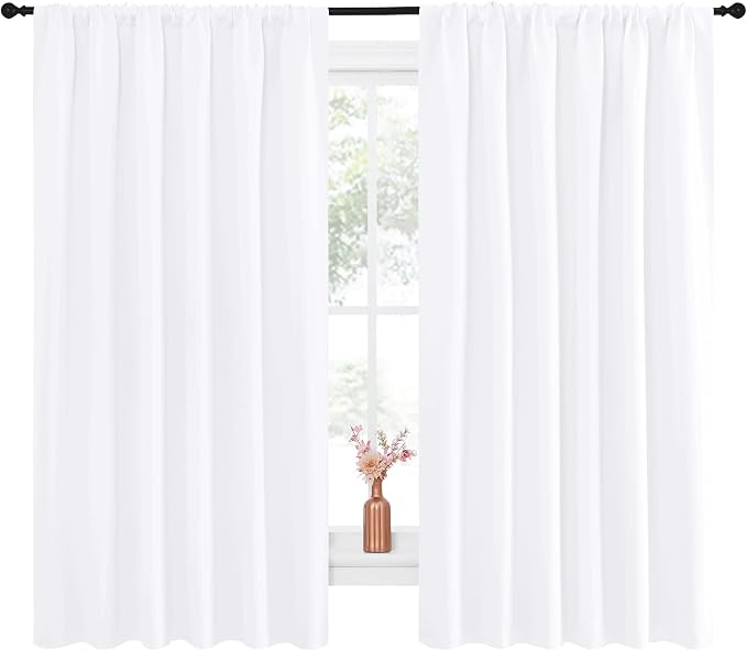 NICETOWN White Curtains, 50% Light Blocking Curtain Panels for Bedroom, Home Decoration Easy-Care Solid Rod Pocket Draperies/Drapes, Window Covering for Kitchen (2 Panels, 70 by 63, White)