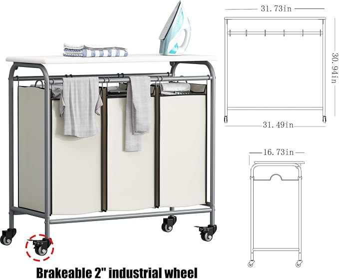 LINZINAR 3-Bag Laundry Hamper with Ironing Board, Beige 135L Laundry Sorter | Laundry Room Organization with Heavy Duty Rolling Lockable Wheels and Removable Bag, Bedroom Laundry Cart for Clothes Storage