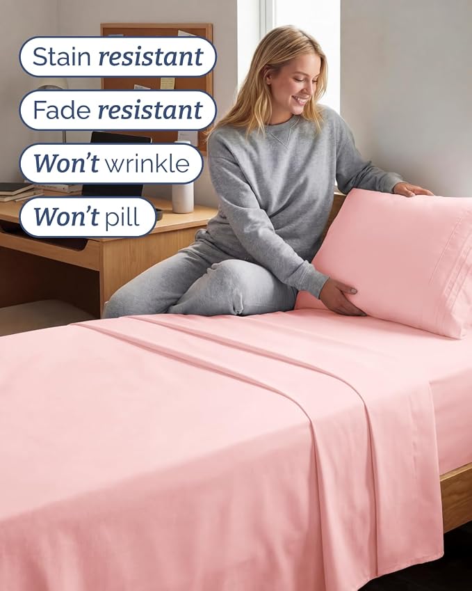 Twin XL 3 Piece Sheet Set - College Dorm Room Essentials - Baby Pink | Deep Pocket Bed Sheets for Women, Men, Teens & Students, Soft, Cooling, Breathable & Wrinkle Free, Oeko-Tex Bed Sheet Set