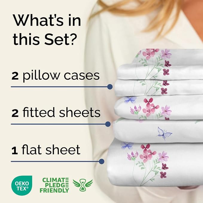 Split King 5 Piece Floral Sheet Set - Soft, Breathable & Cooling - Posy | 1 Flat, 2 Fitted & 2 Pillowcases w/ Deep Pockets, Boho Botanical Floral Bedding, Breathable & Cooling, Wrinkle & Fade Free