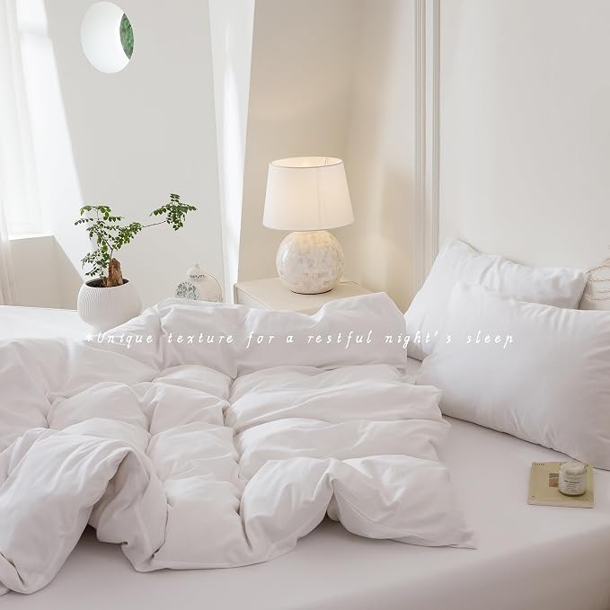 BDEAR 3Pcs Bright White Duvet Cover Set Queen Size 90" L x 90" W,Oeko TEX | 100% Washed Cotton, 1 Duvet Cover with 2 Pillowcases, Zipper Closure, 8 Corner Ties,Linen-Liked Texture, Skin Friendly