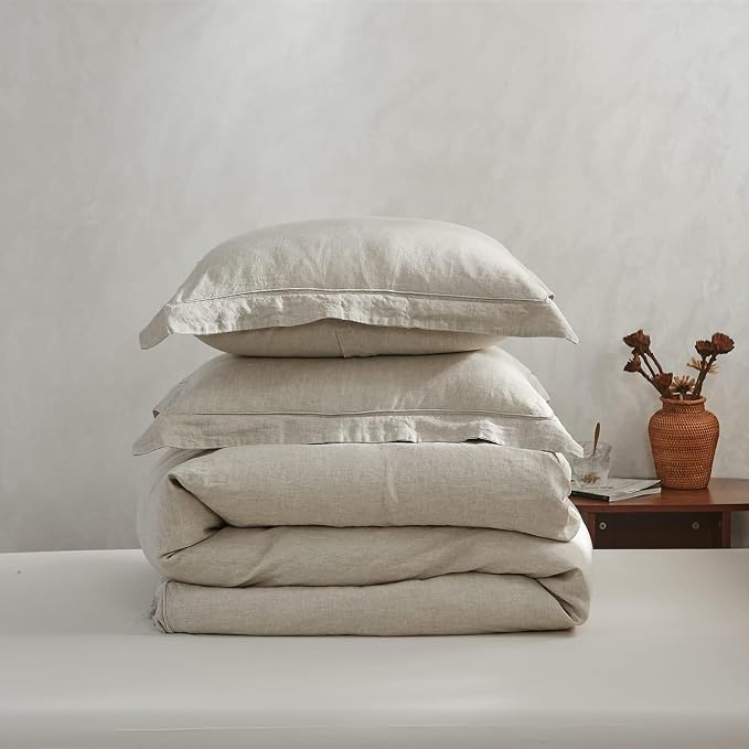 Simple&Opulence 100% Linen Duvet Cover Set with Embroidery Border Washed - 3 Pieces (1 Duvet Cover with 2 Pillow Shams) with Button Closure Soft Breathable Farmhouse - Linen, Full Size