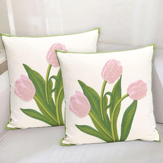 Pack of 2 Embroidered Decorative Throw Pillow Cover 18x18 Inch Farmhouse Floral Pillowcase for Living Room Sofa Bed (Pink Tulip)