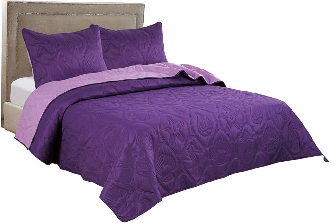 Legacy Decor 3 PCS Shell & Seahorse Bedspread Quilt,Purple, King Size | Reversible, All Season, Coverlet Oversize, Purple Color, King Size, Shell & Seahorse Pattern, 3 PCS Set