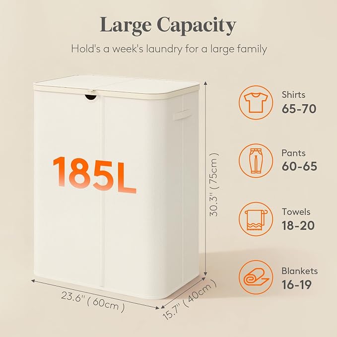 Lifewit 185L 3 Section Laundry Hamper with Lid, Laundry Basket, White | Large Foldable Laundry Sorter with 3 Removable Bags, Tall Clothes Hamper for Bedroom and Bathroom