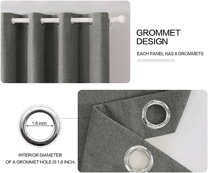 MIULEE 100% Blackout Linen Curtains for Bedroom 52x120 Inches Dark Grey | Room Darkening, Light Blocking, Thermal Insulated, Grommet Top, Linen Textured, Window Curtains for Living Room, 2 Panels