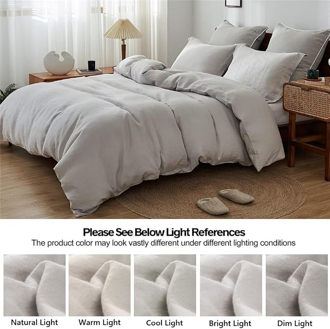 Simple&Opulence 100% Linen Duvet Cover Set 3pcs Basic Style Natural French Washed Flax Solid Color Soft Breathable Farmhouse Bedding with Button Closure - Light Grey, Full