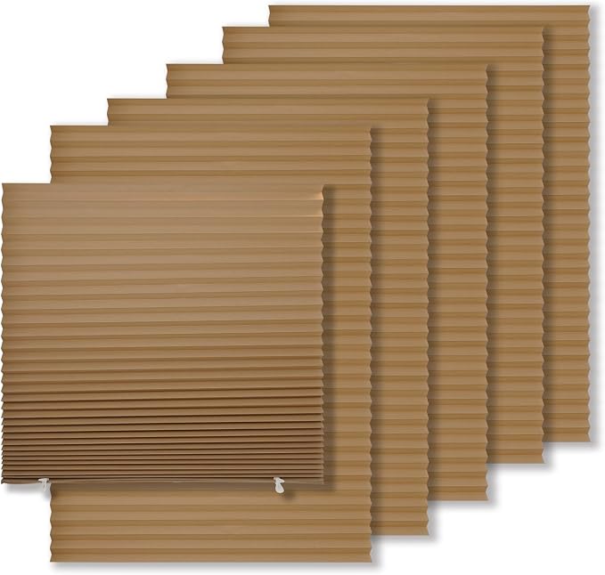 MYshade 12 Pack Temporary Blackout Paper Shades for Windows,Paper Pleated Blinds with Adhesive,No Tools No Drilling Free Cut Size Temporary Room Darkening Shades(Brown, 48" W x 72" H)