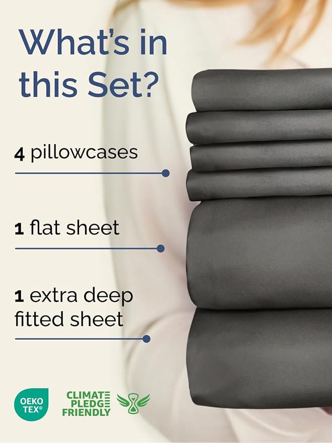 Extra Deep Cal King Sheet Set - 6 Piece Breathable & Cooling - Charcoal | Hotel Luxury Bed Sheets Set, Easy & Secure Fit, Ultra-Soft, Wrinkle & Fade Free, Comfy Sheets Set with Extra Deep Pockets
