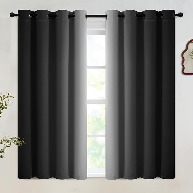 SimpleHome 100% Blackout Ombre Bedroom Curtains Black and Greyish White,45L | Room Darkening Curtains,Thermal Insulated Grommet Window Drapes and Curtains for Living Room,2 Panels, 52x45 inches Length