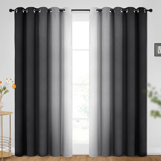 SimpleHome Ombre Black to Grey White Curtains for Living Room 62Wx84L | Room Darkening Curtains for Bedroom,Gradient Light Blocking Curtain,Thermal Insulated Grommet Window Drapes,2 Panels,84 Inch