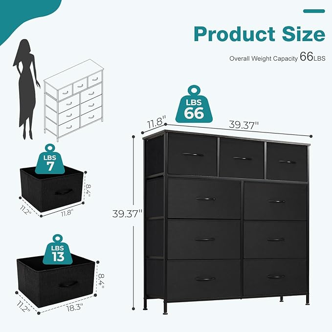 OLIXIS 9 Drawer Black Dresser for Bedroom, Closet Organizer Storage Tower | Easy-Pull Chest of Fabric Drawers, Lightweight Clothes Organizer, Anti-Tip Design, Space-Saving Storage for Dorm, Apartments