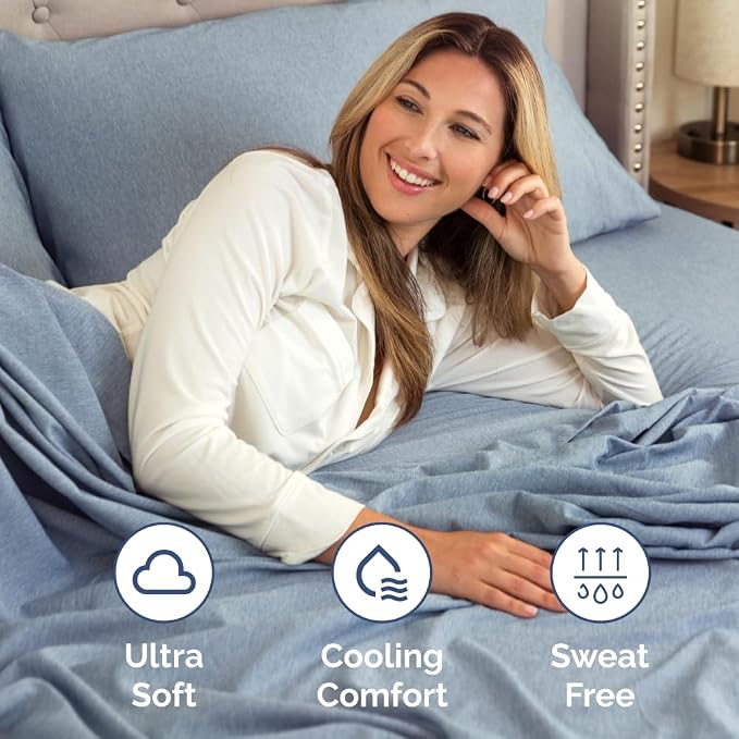 Short Queen Size 4 Piece Bed Sheet Set - RV Short Queen - Heathered Blue | Ultra-Soft, Breathable & Cooling Bed Sheets Set with Deep Pockets, Hotel Luxury Bedding for Women & Men, Wrinkle & Fade Free