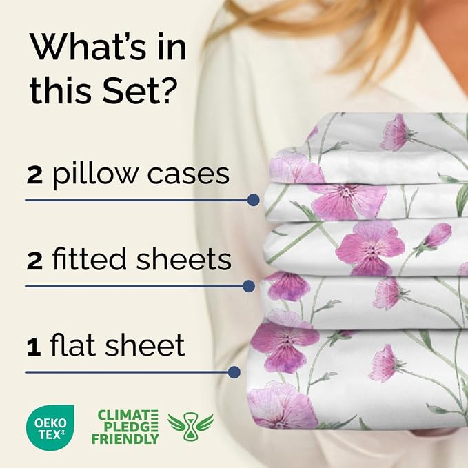 Split King 5 Piece Floral Sheet Set - Breathable & Cooling - Pretty Pink | 1 Flat, 2 Fitted & 2 Pillowcases w/ Deep Pockets, Boho Botanical Floral Bedding, Breathable & Cooling, Wrinkle & Fade Free