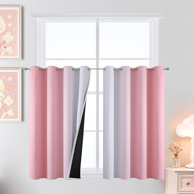Pink and Greyish White Ombre Blackout Curtains for Bedroom 52x36 Inch Long | Estelar Textiler Kids/Girls Room Darkening Curtains,Thermal Insulated Grommet Short Window Drapes for Nursery,2 Panels