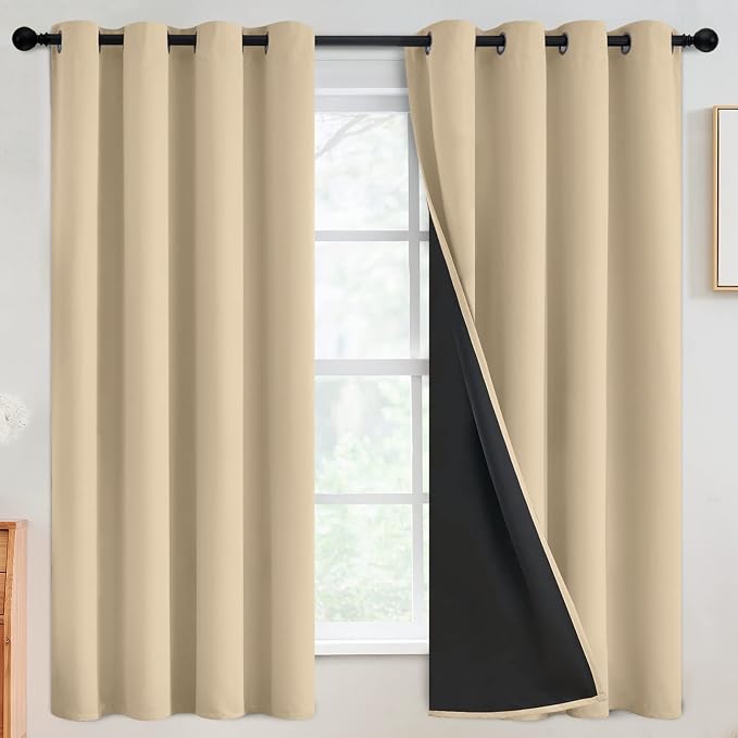 SimpleHome Beige 100% Blackout Curtains Room Darkening Living Room 63 Inch | Curtains for Bedroom,Thermal Insulated Grommet Window Drapes,Curtains for Living Room with Black Back,52 x 63 Inch,2 Panels