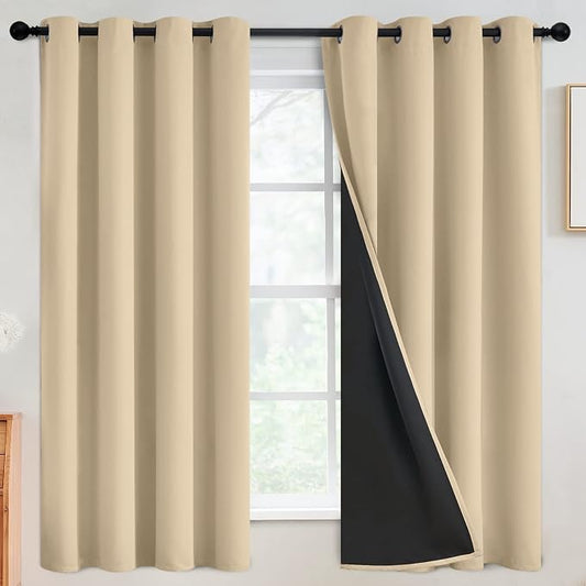 SimpleHome Beige 100% Blackout Curtains Room Darkening Living Room 63 Inch | Curtains for Bedroom,Thermal Insulated Grommet Window Drapes,Curtains for Living Room with Black Back,52 x 63 Inch,2 Panels