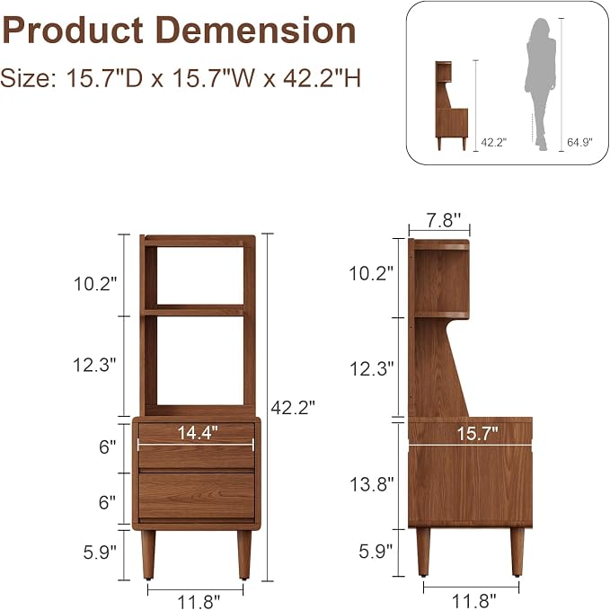 Solid Wood Bookshelf Nightstand Combo, Tall Nightstand with Bookshelf | Walnut Nightstand Bookshelf,Solid Wood Nightstand with Drawers,Open Shelf Bookcase,for Bedroom,Living Room,Offices