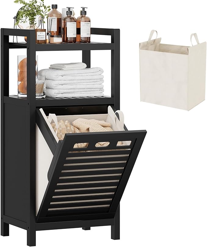 Homykic Tilt Out Laundry Hamper Cabinet, 10 Gal Bamboo Laundry Organizer | Wooden Laundry Basket with Removable Bag, Hidden Hamper with Shelf for Clothes, Bathroom, Laundry Room, Space Saving, Black
