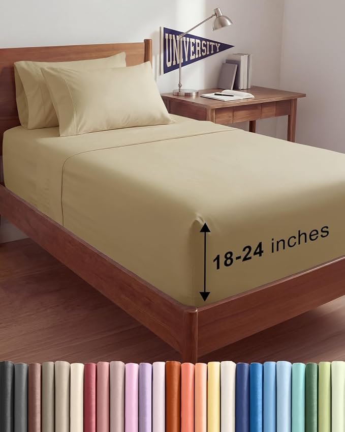 Extra Deep Twin XL Sheet Set - 4 Piece College Dorm Room - Beige | College Dorm Room Essentials, Easy & Secure Fit, Ultra-Soft, Wrinkle & Fade Free, Comfy Sheets Set with Extra Deep Pockets