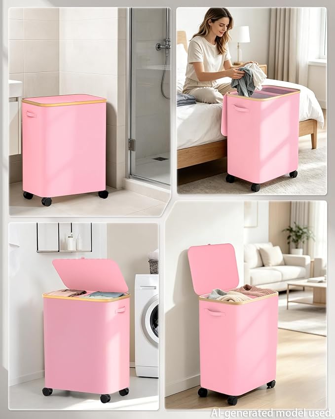 Double Laundry Basket with Wheels and Lid, 150L Clothes Hampers for Laundry | Large Laundry Hamper with 2 Sections & Removable Liner Bags, Rolling Dirty Clothes Basket for Bedroom Bathroom Dorm College