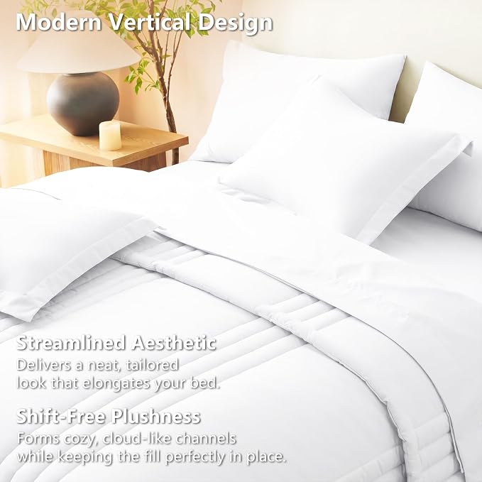 Queen Comforter Set White - 7 Pieces Vertical Quilted Bed in a Bag | OEKO-TEX Certified, 240GSM Down-Alternative Comforter, 14" Deep-Pocket Sheets, Shams & Pillowcases, Lightweight