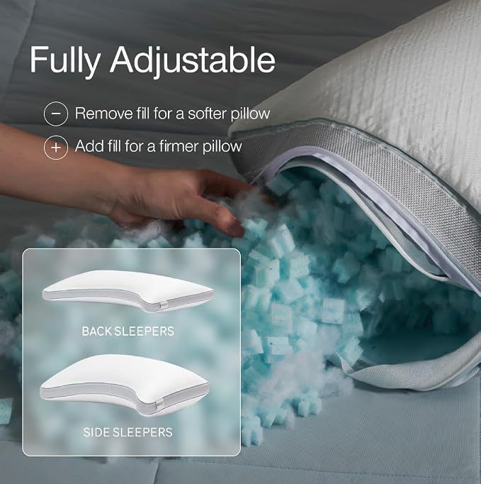 Coop Home Goods Cool+ Crescent Adjustable Pillow, King Size Plus Shaped Memory Foam Pillows with Cooling Gel, Neck Support, Back or Side Sleeper Pillow, CertiPUR US/GREENGUARD Gold