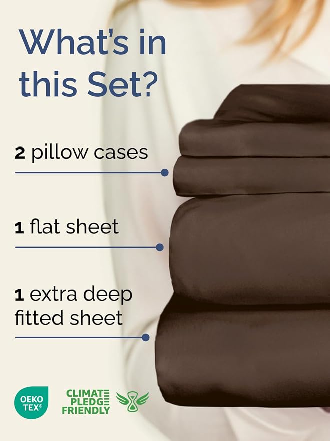 Extra Deep Twin Sheet Set - 4 Piece Breathable and Cooling Sheets - Brown | Hotel Luxury Bed Sheets Set, Easy & Secure Fit, Ultra-Soft, Wrinkle & Fade Free, Comfy Sheets Set with Extra Deep Pockets