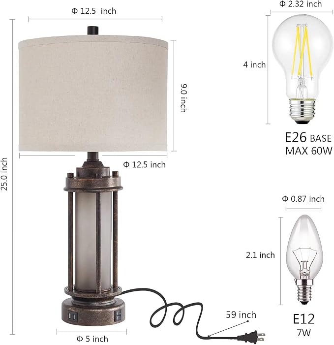AIEAMPDO Set of 2 Farmhouse Table Lamps for Living Room with USB C+A Ports | Rustic Vintage Bedroom Nightstand Lamp, Built-In Frosted Glass Night Light for End Table Entryway, 4 Bulbs Included (Bronze)