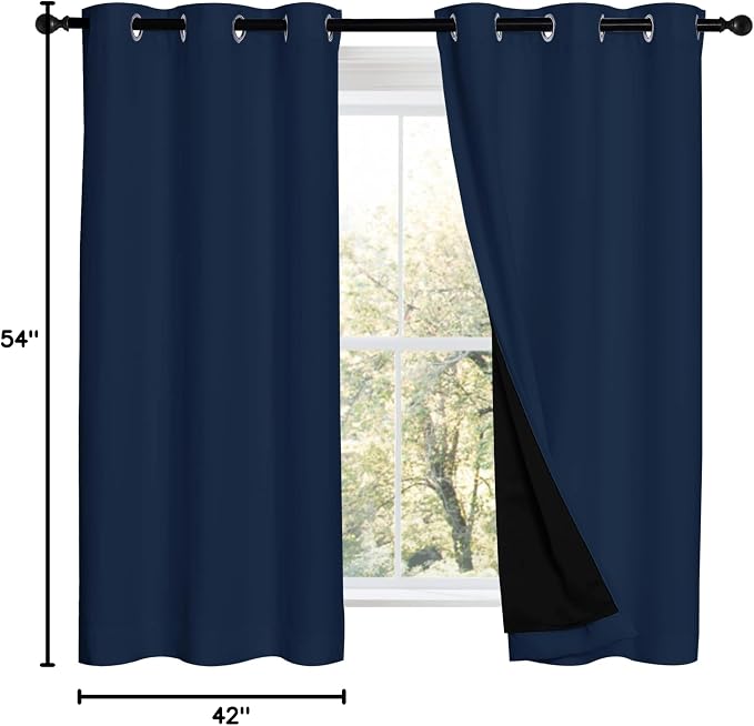 NICETOWN 100% Blackout Curtains with Black Liners, Thermal Insulated 2-Layer Lined Drapes, Energy Efficiency Small Window Draperies for Dining Room (Navy Blue, 2 Panels, 42 inches W by 54 inches L)