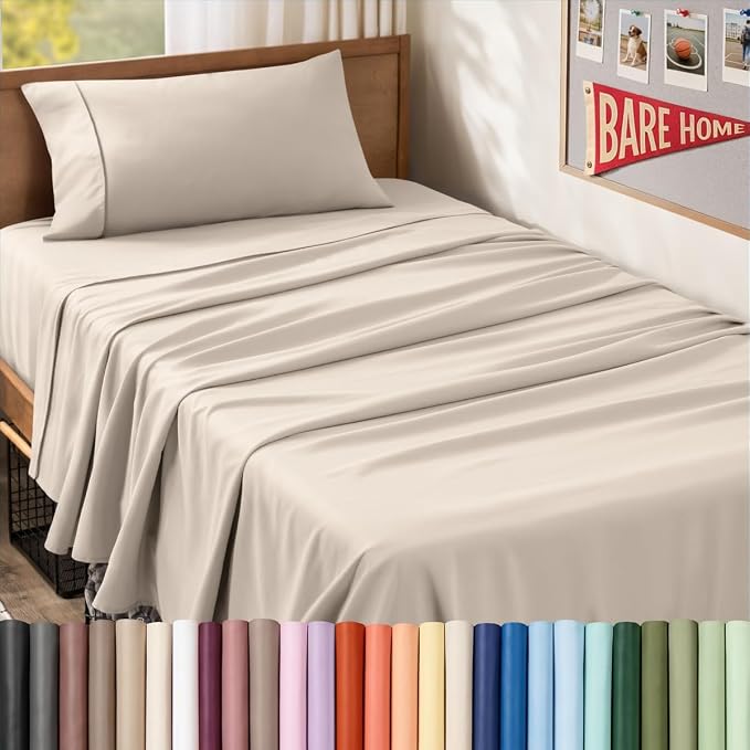 Bare Home Twin XL Sheet Set - 1800 Ultra-Soft (Twin XL, Sand) | Deep Pockets 6 to 15 Inches, Breathable, Hypoallergenic, Hotel Luxury, Easy Fit, Soft, All-Season