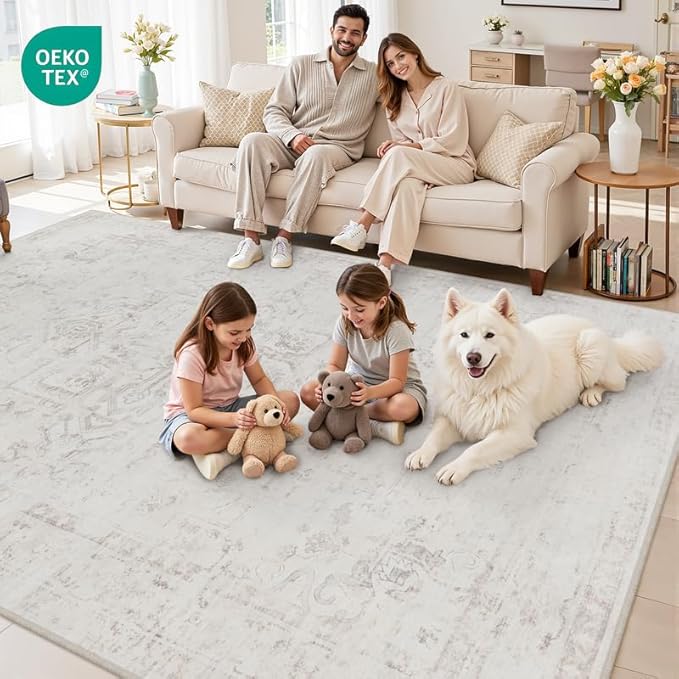 8x10 Area Rugs Living Room: Bedroom Washable Carpet Neutral Cream | Large Vintage Boho Indoor Decor Carpets Soft Nursery Farmhouse Dining Room Office Floor Non-Slip Low Pile Under Table Rug