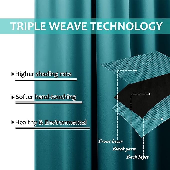 NICETOWN Peacock Teal Blackout Curtains for Baby Room 52" x 84" 2 Panels | 100% Room Darkening Energy Smart Noise Blocking Drapes for Guest Room Bedroom, Thermal Insulated Lined Window Dressing Decor