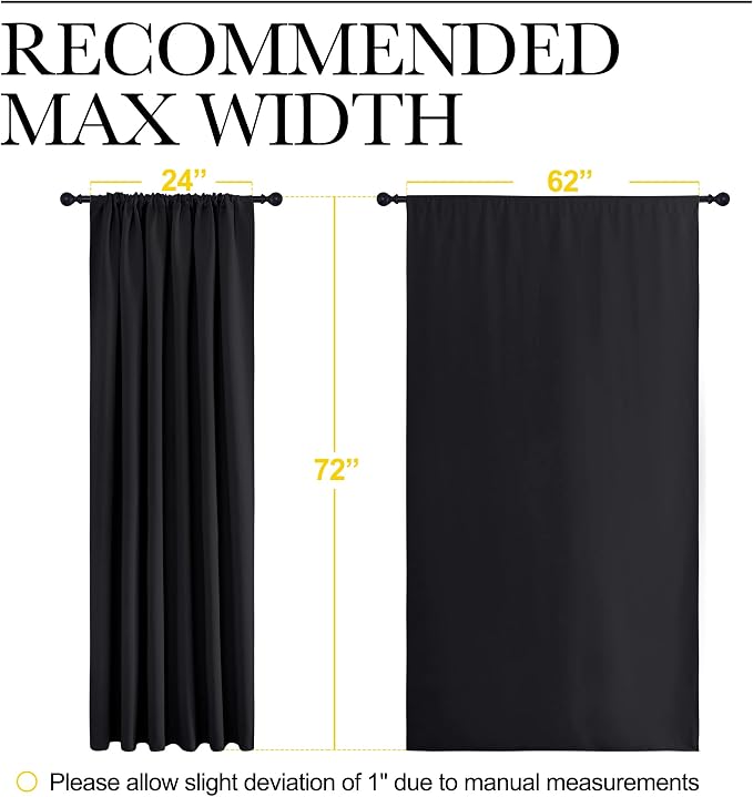 NICETOWN Black Blackout Curtains for Bedroom 62" Wide x 72" Long 2 Panels | Solid Thermal Insulated Window Treatment Blinds Drapes for Living Room, Light Blocking Room Darkening Noise Reducing Decor