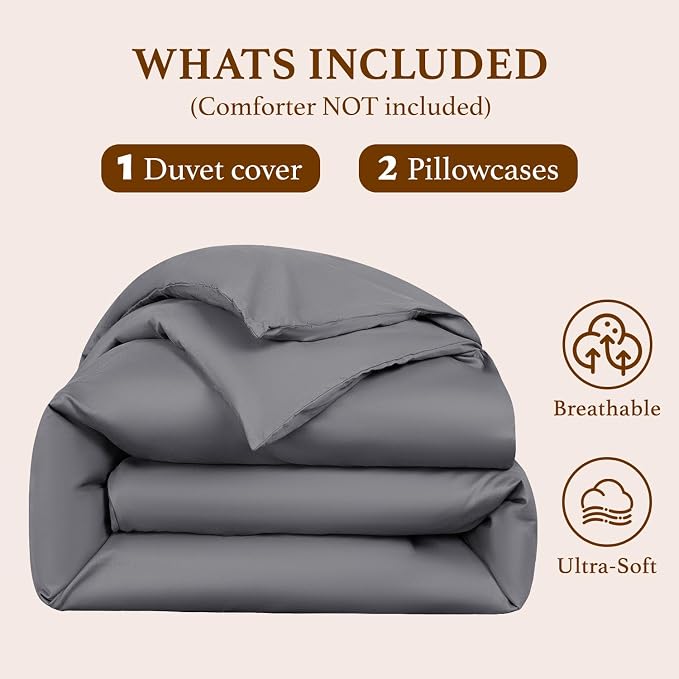 DEITAS 100% Cotton King Duvet Covers 3 Piece,1200 Thread Count，Dark Grey | Luxury Egyptian Cotton Comforter Cover With Zipper Closure, Ultra Cooling Breathable, Hotel Bedding Duvet Covers