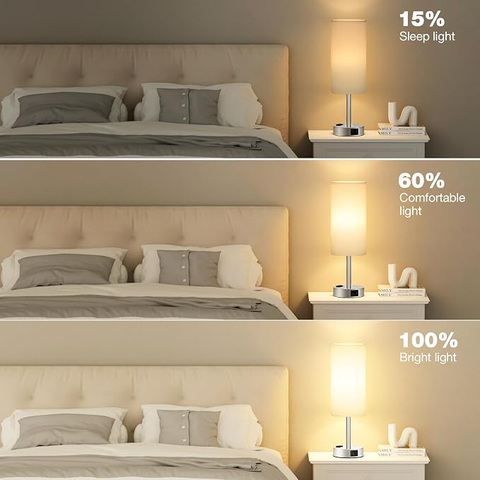 White Touch Bedroom Table Lamp - 3 Way Dimmable Bedside Lamp USB C A Charging Ports and AC Outlet, Small Lamp Nightstand with Silver Base for Living Room, Office Desk, LED Bulb Included