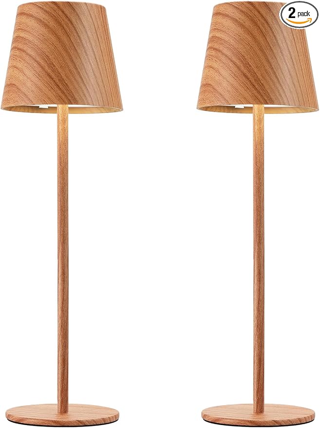 Kakanuo Wood Grain Cordless Table Lamp Rechargeable - 2 Pack 5000mAH Battery Operated Lamp for Counter, 3 Color Stepless Dimming Wireless Lamp for Dining Kitchen, Outdoor Patio, Touch Control