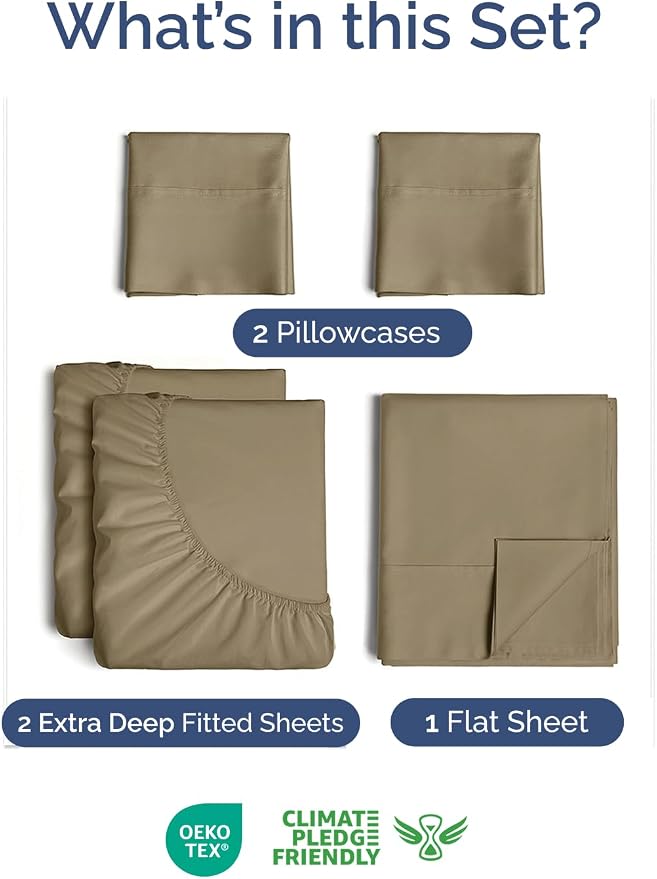 Extra Deep Split King Sheet Set - 5 Piece Breathable Cooling Sheets - Khaki | Easily Fits 18 to 24 inch Mattress - Ultra Soft, Wrinkle & Fade Free with Extra Deep Pockets - Comfy Hotel Luxury Bedding
