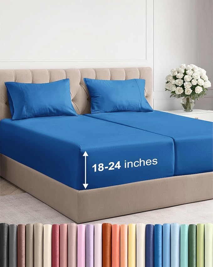 Extra Deep Split King Sheet Set - 5 Piece Breathable Cooling - Royal Blue | Easily Fits 18 to 24 inch Mattress - Ultra Soft, Wrinkle & Fade Free with Extra Deep Pockets - Comfy Hotel Luxury Bedding