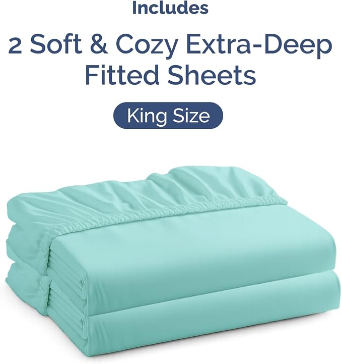 2 Pack Extra Deep King Fitted Sheets with Extra Deep Pockets - Spa Blue | Hotel Luxury Bottom Fitted Sheets Only, Soft, Fade & Wrinkle Free, Breathable & Comfy, All Around Elastic Fitted Sheets