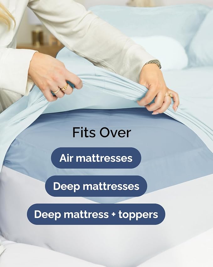 Flex Top Split Head King Sheet Set - 4 Piece Extra Deep Sheets - Ice Blue | Easily Fits 18 to 24 inch Mattress, Ultra Soft, Wrinkle & Fade Free with Extra Deep Pockets, Comfy Hotel Luxury Bedding