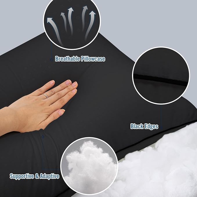 Queen Size Bed Pillows for Sleeping 4 Pack,Luxury Hotel Pillows,Comfortable and Supportive,Machine Washable,Suitable for Stomach,Back and Side Sleepers.(Black)
