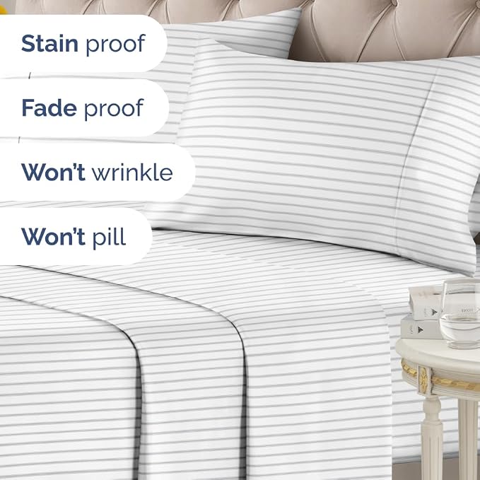 King 4 Piece Striped Sheet Set - Soft, Breathable & Cooling - Misty Stripes | 1 Flat, 1 Fitted & 2 Pillowcases w/ Deep Pockets, Luxury Striped Bedding, Soft, Breathable & Cooling, Wrinkle & Fade Free
