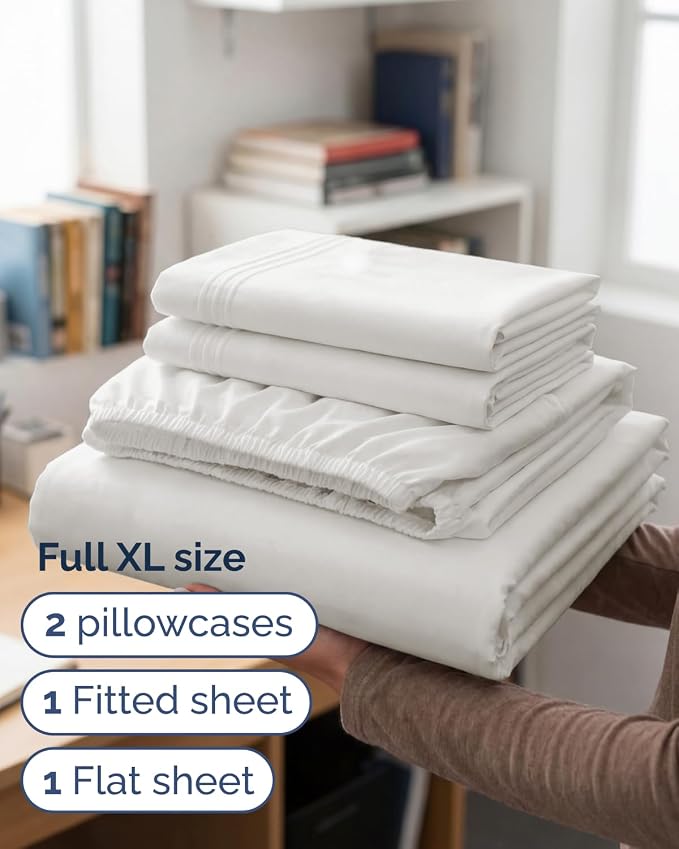 Full XL Sheets - 4 Piece Full XL Sheet Set - Soft & Cooling - Antique White | Hotel Luxury Bedding for Women & Men with Deep Pockets, Ultra-Soft, Comfy, Easy-Fit, Wrinkle Free & Fade Resistant, Oeko-Tex