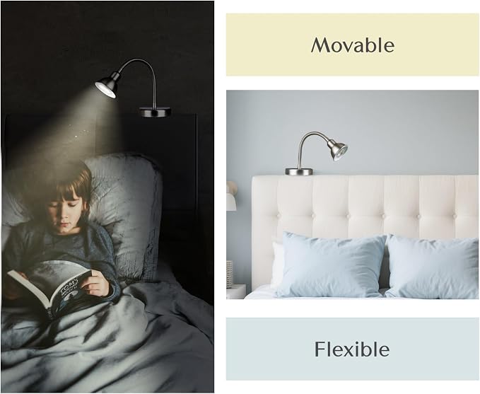 Patented Innovative Design Headboard Reading Light. No Drilling Golden Book Light for Bedtime Reading. Dimmable LED Book Reading Lamp with Bulb. Movable & Flexible, Silver