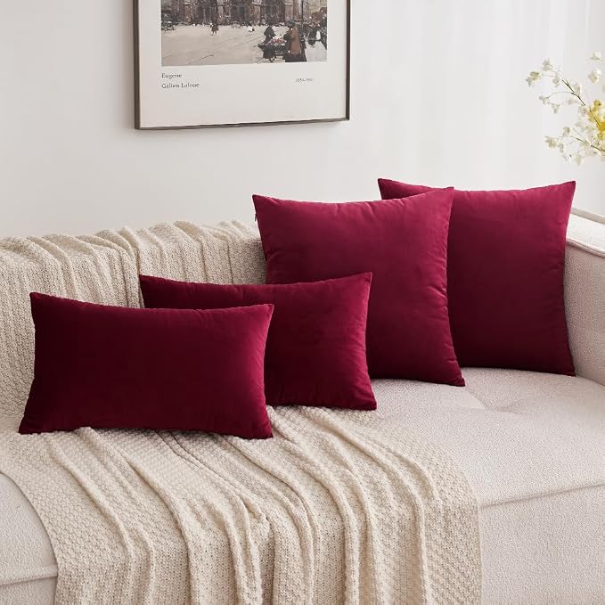 MIULEE 12x20 Inch Lumbar Velvet Throw Pillow Covers Wine Red | Pack of 2 Soft Solid Decorative Pillow Covers, Modern Luxury Home Decor, for Chair Couch Sofa Bedroom Livingroom