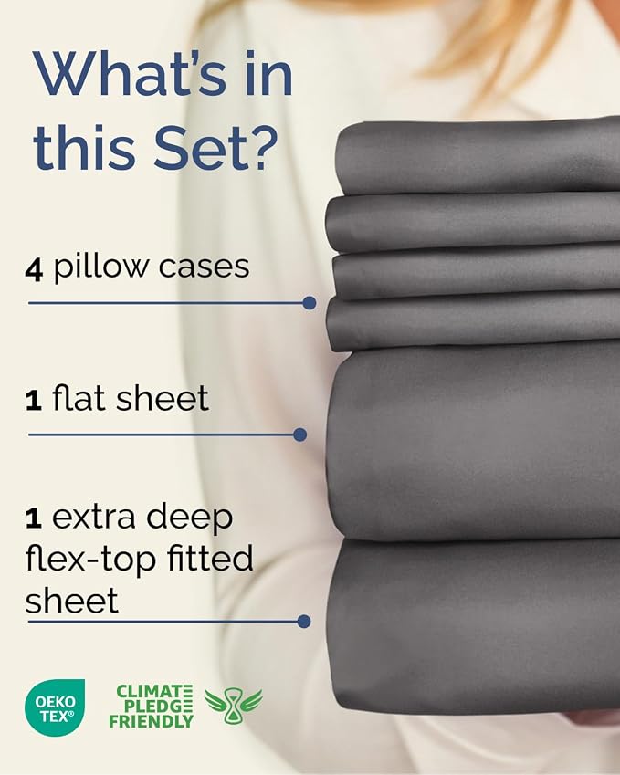 Extra Deep Flex Top Split Head King Sheet Set - 6 Piece Breathable and Cooling Sheets - Hotel Luxury Bedding for Women, Men, Kids & Teens - Easy Secure Fit - Extra Deep Pockets - Dark Grey