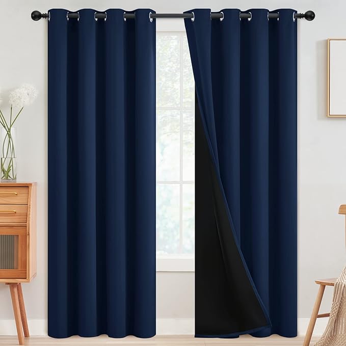 SimpleHome Navy Blue 100% Blackout Curtains Room Darkening Living Room 90 | Curtains for Bedroom,Thermal Insulated Grommet Window Drapes,Curtains for Living Room with Black Back,52 x 90 Inch,2 Panels