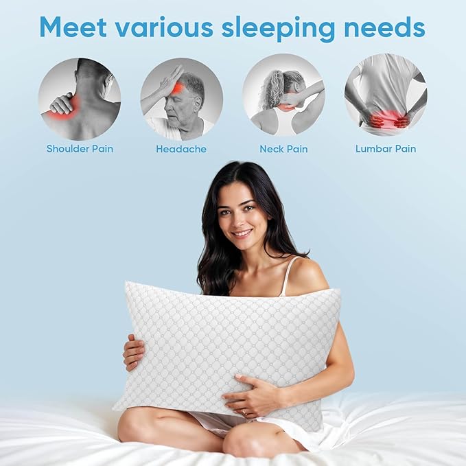 OAISZ Shredded Memory Foam Bed Pillows Standard Size Set of 2 for Sleeping | Adjustable Shredded Memory Foam Pillows, Cooling Bed Pillows for Side, Back and Stomach Sleepers, Removable Washable Covers